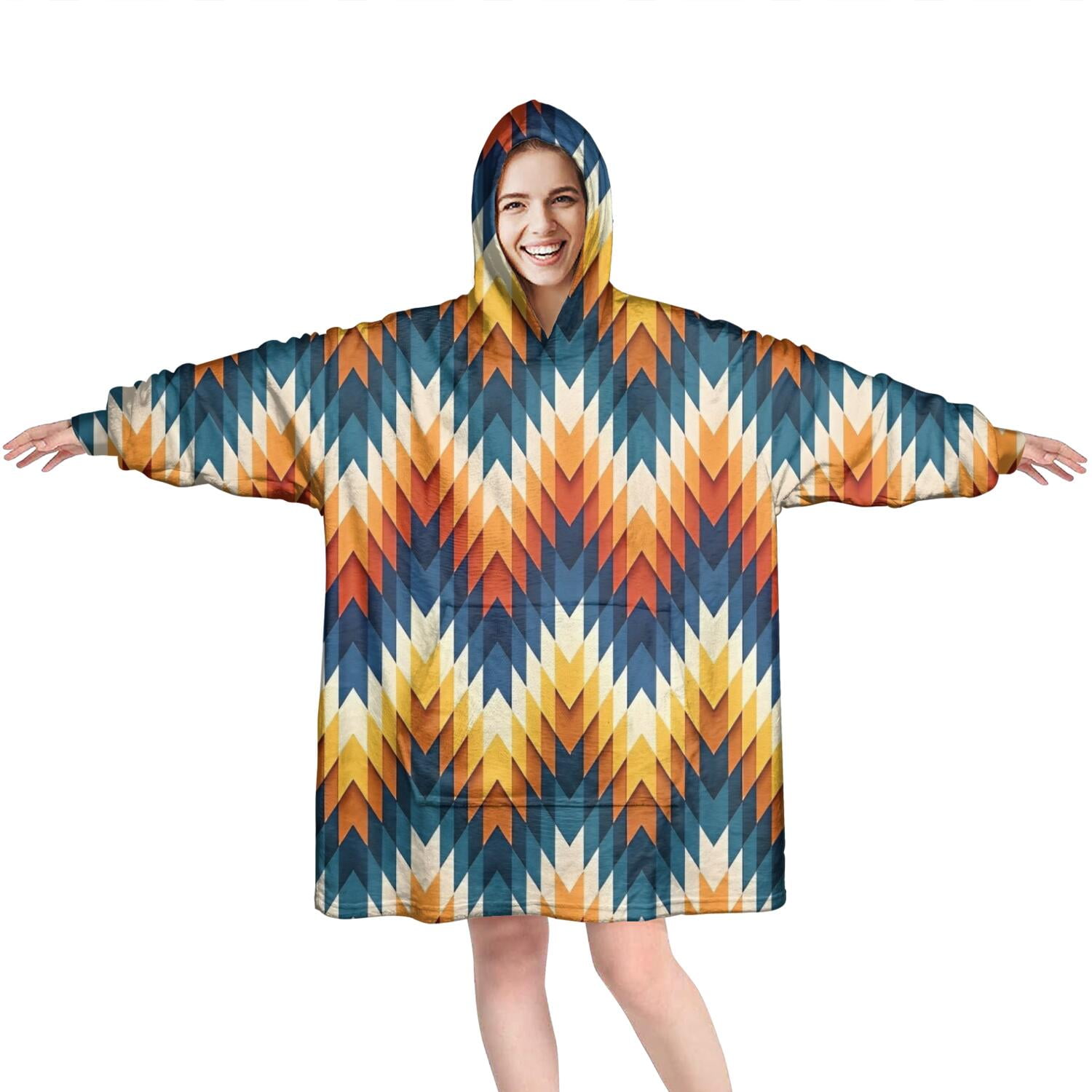 Wearable Oversized Blanket,Orange Geometric Pattern Wearable Blanket Hoodie for Adults,Cozy Hooded Blankets with Super Pockets,Super Warm Fuzzy Pullover for Women & Men