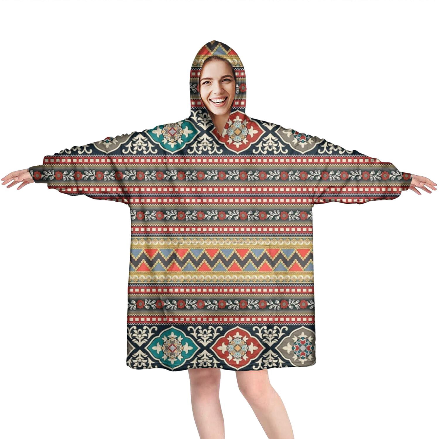Wearable Oversized Blanket,Orange Paisley Pattern Wearable Blanket Hoodie for Adults,Cozy Hooded Blankets with Super Pockets,Super Warm Fuzzy Pullover for Women & Men