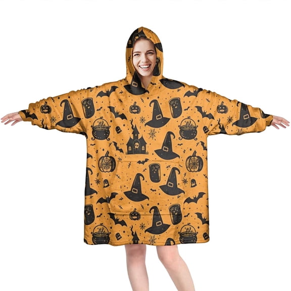 Wearable Oversized Blanket,Orange Witch Hat Halloween Pattern Wearable Blanket Hoodie for Adults,Cozy Hooded Blankets with Super Pockets,Super Warm Fuzzy Pullover for Women & Men