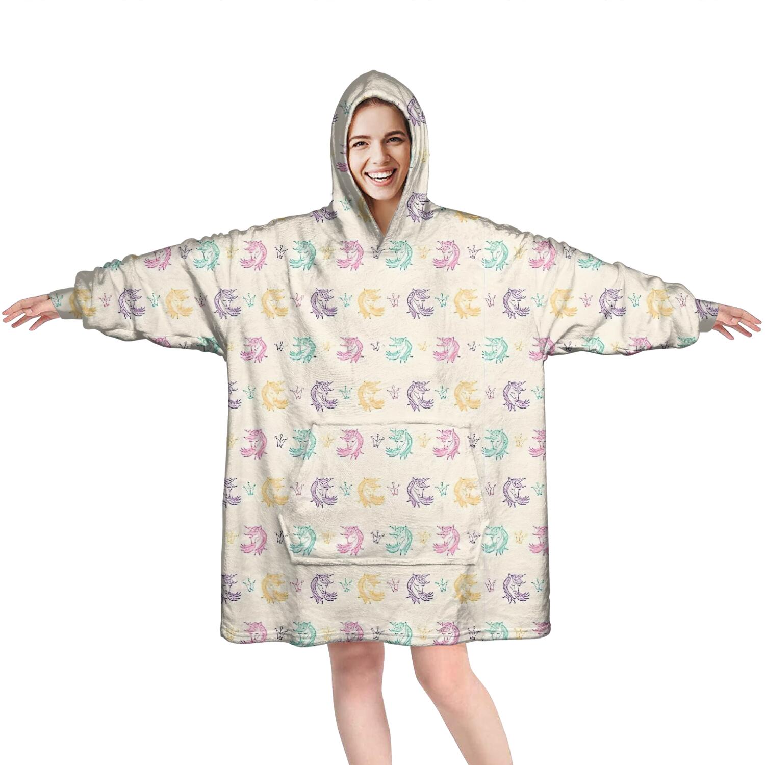 Wearable Oversized Blanket,Pastel Unicorn Pattern Wearable Blanket Hoodie for Adults,Cozy Hooded Blankets with Super Pockets,Super Warm Fuzzy Pullover for Women & Men