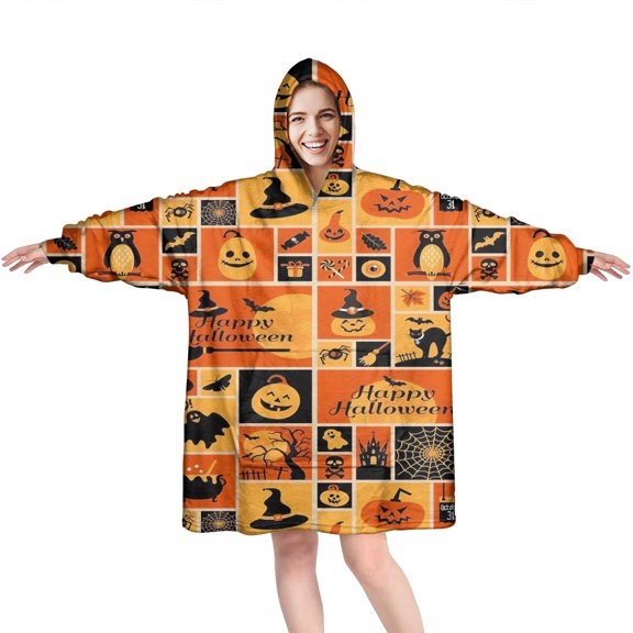 Wearable Oversized Blanket,Patchwork Halloween Pattern Wearable Blanket Hoodie for Adults,Cozy Hooded Blankets with Super Pockets,Super Warm Fuzzy Pullover for Women & Men