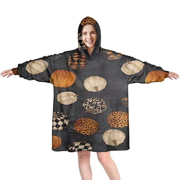 Wearable Oversized Blanket,Patterned Pumpkins Halloween Pattern Wearable Blanket Hoodie for Adults,Cozy Hooded Blankets with Super Pockets,Super Warm Fuzzy Pullover for Women & Men