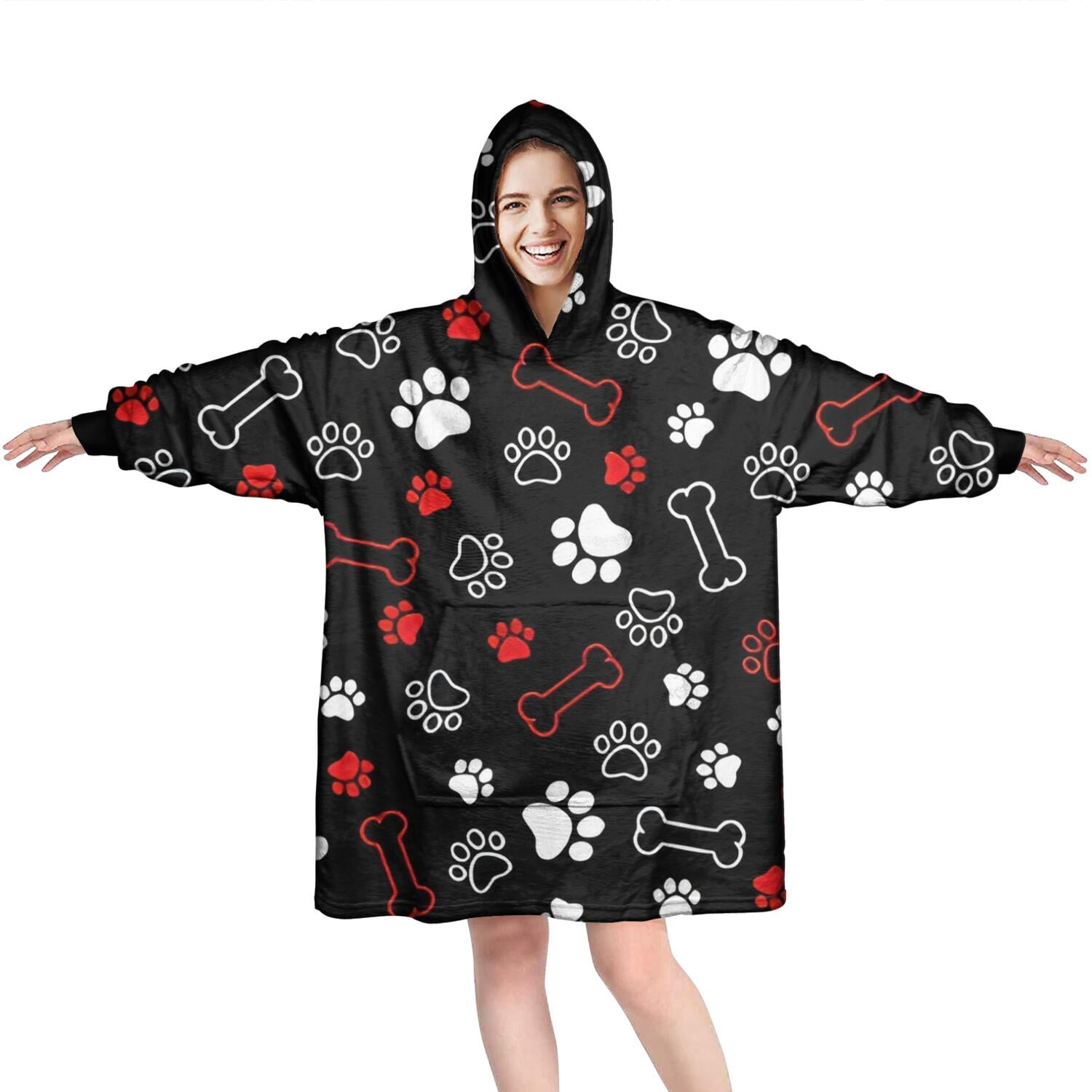 Wearable Oversized Blanket,Paw Prints and Bones Wearable Blanket Hoodie for Adults,Cozy Hooded Blankets with Super Pockets,Super Warm Fuzzy Pullover for Women & Men