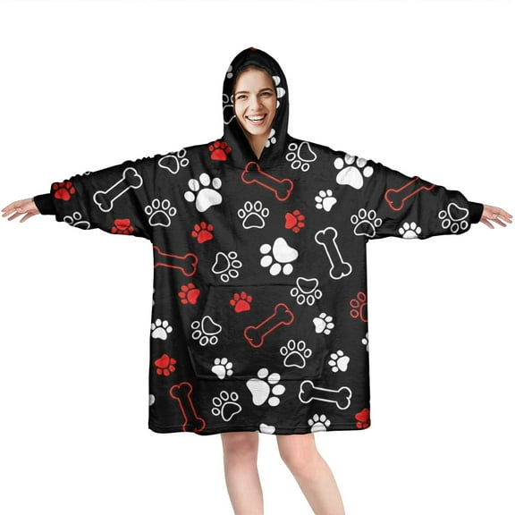 Wearable Oversized Blanket,Paw Prints and Bones Wearable Blanket Hoodie for Adults,Cozy Hooded Blankets with Super Pockets,Super Warm Fuzzy Pullover for Women & Men