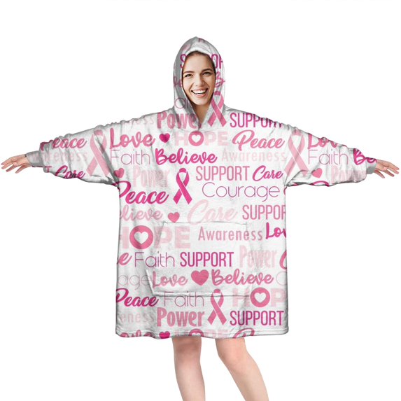 Wearable Oversized Blanket,Pink Breast Cancer and Love Wearable Blanket Hoodie for Adults,Cozy Hooded Blankets with Super Pockets,Super Warm Fuzzy Pullover for Women & Men