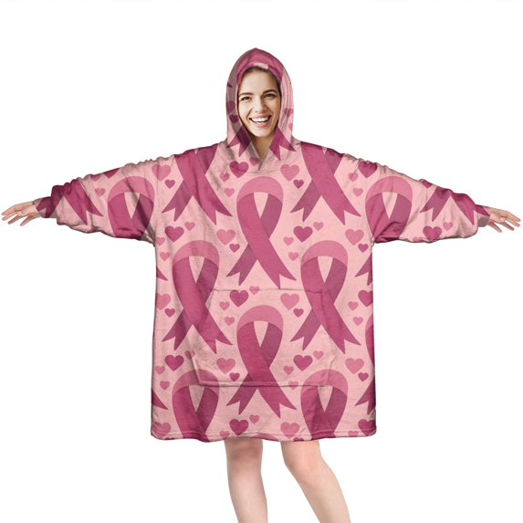 Wearable Oversized Blanket,Pink Breast Cancer and Love Wearable Blanket Hoodie for Adults,Cozy Hooded Blankets with Super Pockets,Super Warm Fuzzy Pullover for Women & Men