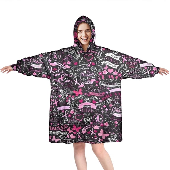 Wearable Oversized Blanket,Pink Breast Cancer and Love Wearable Blanket Hoodie for Adults,Cozy Hooded Blankets with Super Pockets,Super Warm Fuzzy Pullover for Women & Men
