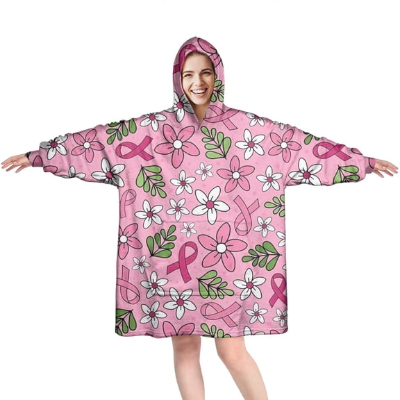Wearable Oversized Blanket,Pink Breast Cancer and Pioneer Flower Wearable Blanket Hoodie for Adults,Cozy Hooded Blankets with Super Pockets,Super Warm Fuzzy Pullover for Women & Men