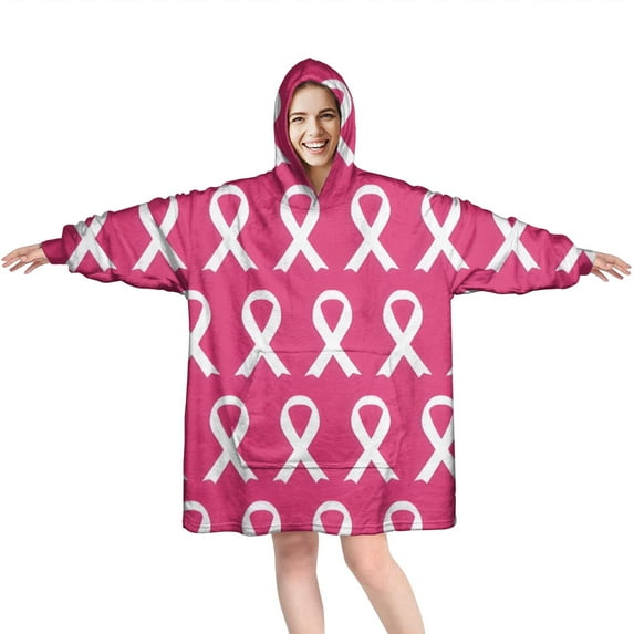 Wearable Oversized Blanket,Pink Breast Cancer Wearable Blanket Hoodie for Adults,Cozy Hooded Blankets with Super Pockets,Super Warm Fuzzy Pullover for Women & Men