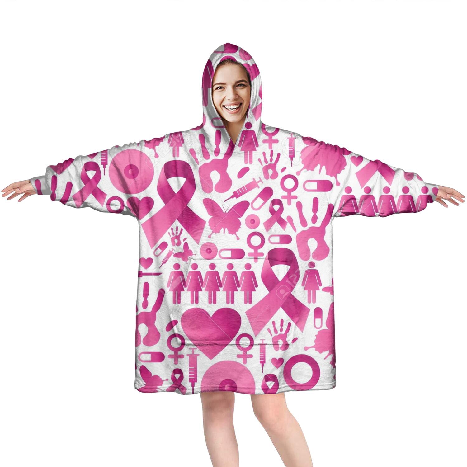 Wearable Oversized Blanket,Pink Breast Cancer Wearable Blanket Hoodie for Adults,Cozy Hooded Blankets with Super Pockets,Super Warm Fuzzy Pullover for Women & Men