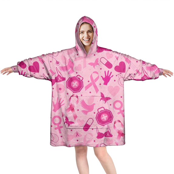 Wearable Oversized Blanket,Pink Breast Cancer Wearable Blanket Hoodie for Adults,Cozy Hooded Blankets with Super Pockets,Super Warm Fuzzy Pullover for Women & Men