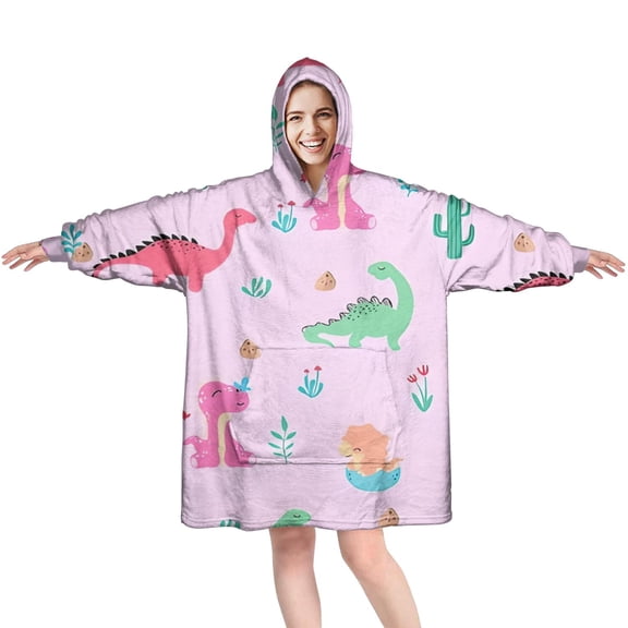 Wearable Oversized Blanket,Pink Cartoon Dinosaurs Cacti Pattern Wearable Blanket Hoodie for Adults,Cozy Hooded Blankets with Super Pockets,Super Warm Fuzzy Pullover for Women & Men