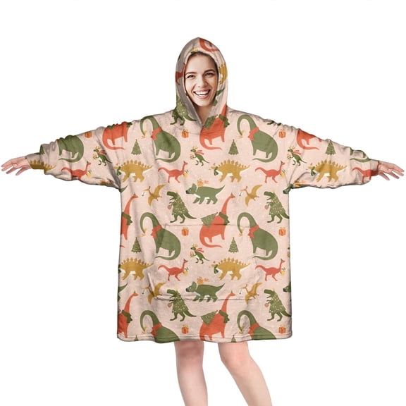 Wearable Oversized Blanket,Pink Cartoon Dinosaurs Christmas Pattern Wearable Blanket Hoodie for Adults,Cozy Hooded Blankets with Super Pockets,Super Warm Fuzzy Pullover for Women & Men