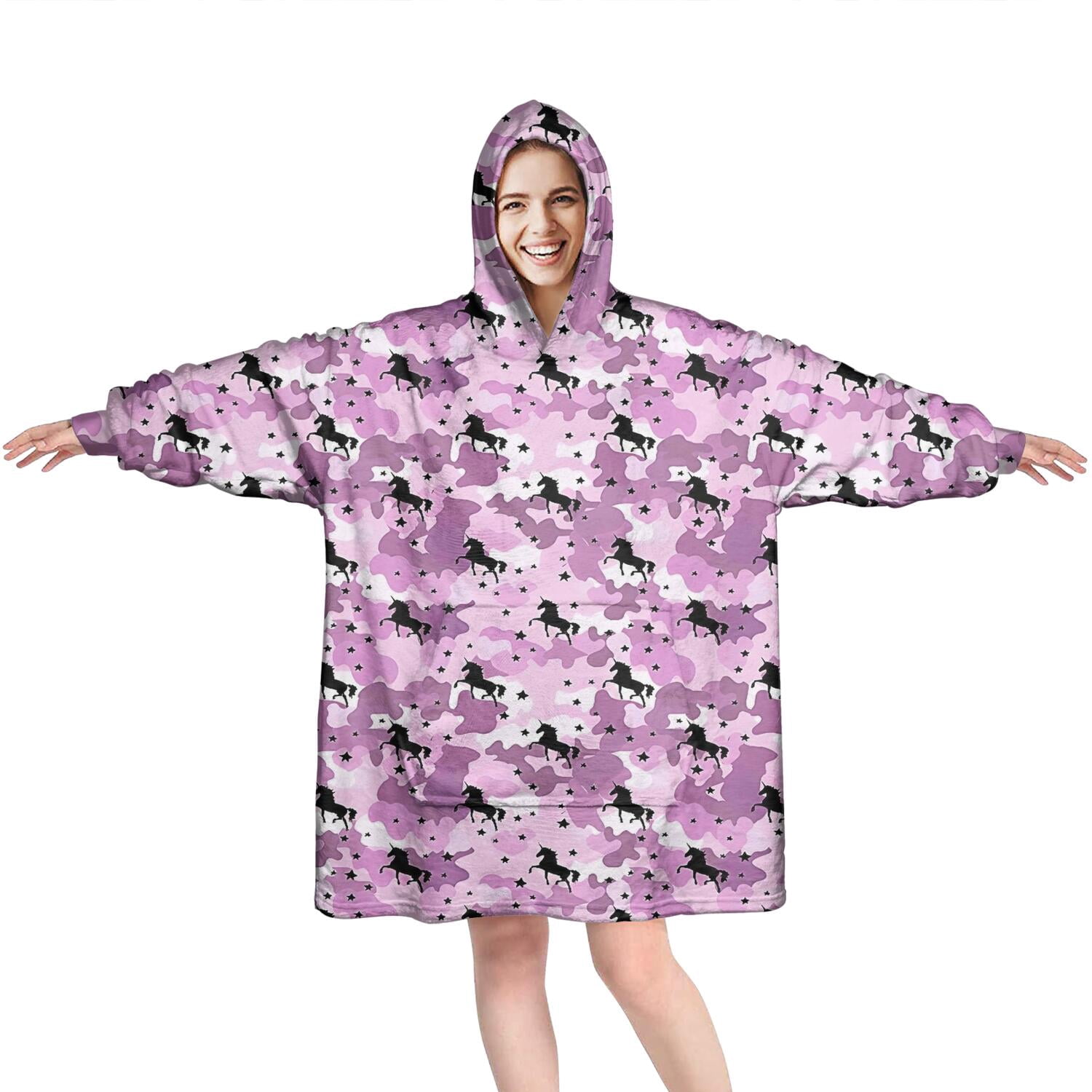Wearable Oversized Blanket,Pink Cartoon Horse Star Pattern Wearable Blanket Hoodie for Adults,Cozy Hooded Blankets with Super Pockets,Super Warm Fuzzy Pullover for Women & Men