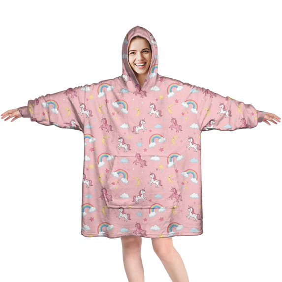 Wearable Oversized Blanket,Pink Cartoon Unicorn Rainbow Cloud Moon Star Pattern Wearable Blanket Hoodie for Adults,Cozy Hooded Blankets with Super Pockets,Super Warm Fuzzy Pullover for Women & Men