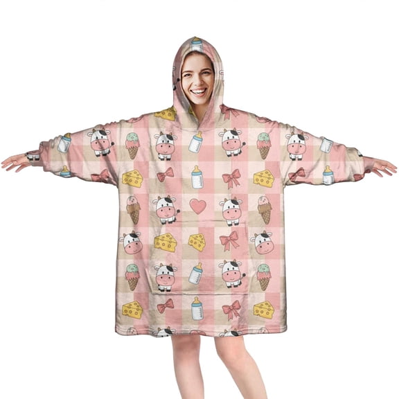 Wearable Oversized Blanket,Pink Checkered Cow Pattern Wearable Blanket Hoodie for Adults,Cozy Hooded Blankets with Super Pockets,Super Warm Fuzzy Pullover for Women & Men