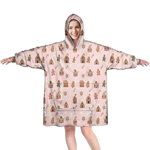 Wearable Oversized Blanket,Pink Christmas Gingerbread House Pattern Wearable Blanket Hoodie for Adults,Cozy Hooded Blankets with Super Pockets,Super Warm Fuzzy Pullover for Women & Men