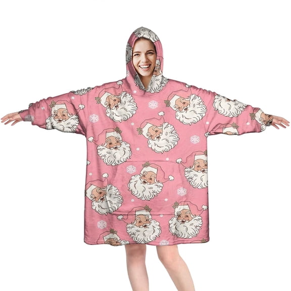 Wearable Oversized Blanket,Pink Christmas Santa Pattern Wearable Blanket Hoodie for Adults,Cozy Hooded Blankets with Super Pockets,Super Warm Fuzzy Pullover for Women & Men