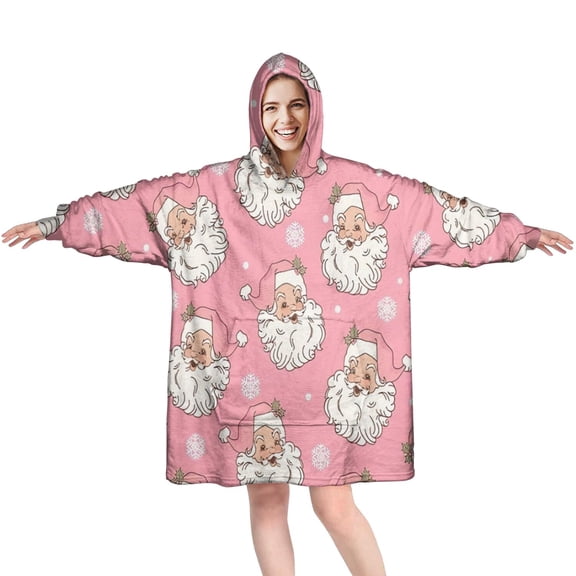 Wearable Oversized Blanket,Pink Christmas Santa Pattern Wearable Blanket Hoodie for Adults,Cozy Hooded Blankets with Super Pockets,Super Warm Fuzzy Pullover for Women & Men