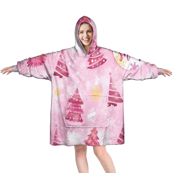 Wearable Oversized Blanket,Pink Christmas Tree Wearable Blanket Hoodie for Adults,Cozy Hooded Blankets with Super Pockets,Super Warm Fuzzy Pullover for Women & Men