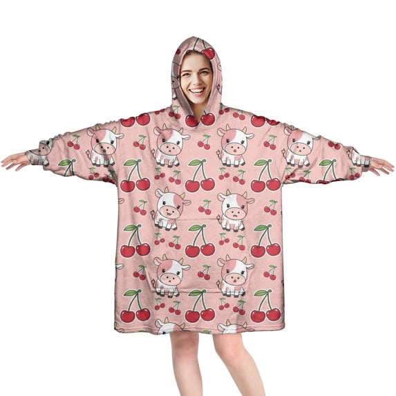 Wearable Oversized Blanket,Pink Cow Cherry Pattern Wearable Blanket Hoodie for Adults,Cozy Hooded Blankets with Super Pockets,Super Warm Fuzzy Pullover for Women & Men