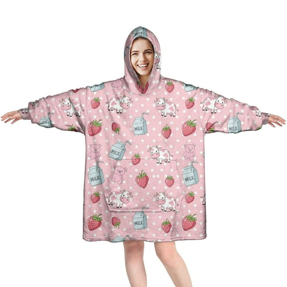 Wearable Oversized Blanket,Pink Cow Milk Strawberry Pattern Wearable Blanket Hoodie for Adults,Cozy Hooded Blankets with Super Pockets,Super Warm Fuzzy Pullover for Women & Men