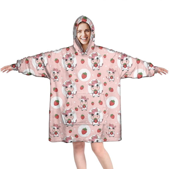 Wearable Oversized Blanket,Pink Cow Strawberry Dot Pattern Wearable Blanket Hoodie for Adults,Cozy Hooded Blankets with Super Pockets,Super Warm Fuzzy Pullover for Women & Men