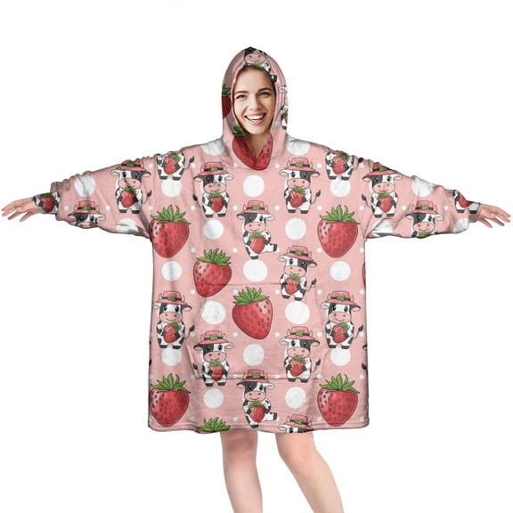 Wearable Oversized Blanket,Pink Cow Strawberry Hat Pattern Wearable Blanket Hoodie for Adults,Cozy Hooded Blankets with Super Pockets,Super Warm Fuzzy Pullover for Women & Men