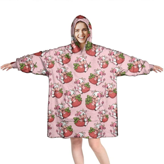 Wearable Oversized Blanket,Pink Cow Strawberry Hug Pattern Wearable Blanket Hoodie for Adults,Cozy Hooded Blankets with Super Pockets,Super Warm Fuzzy Pullover for Women & Men