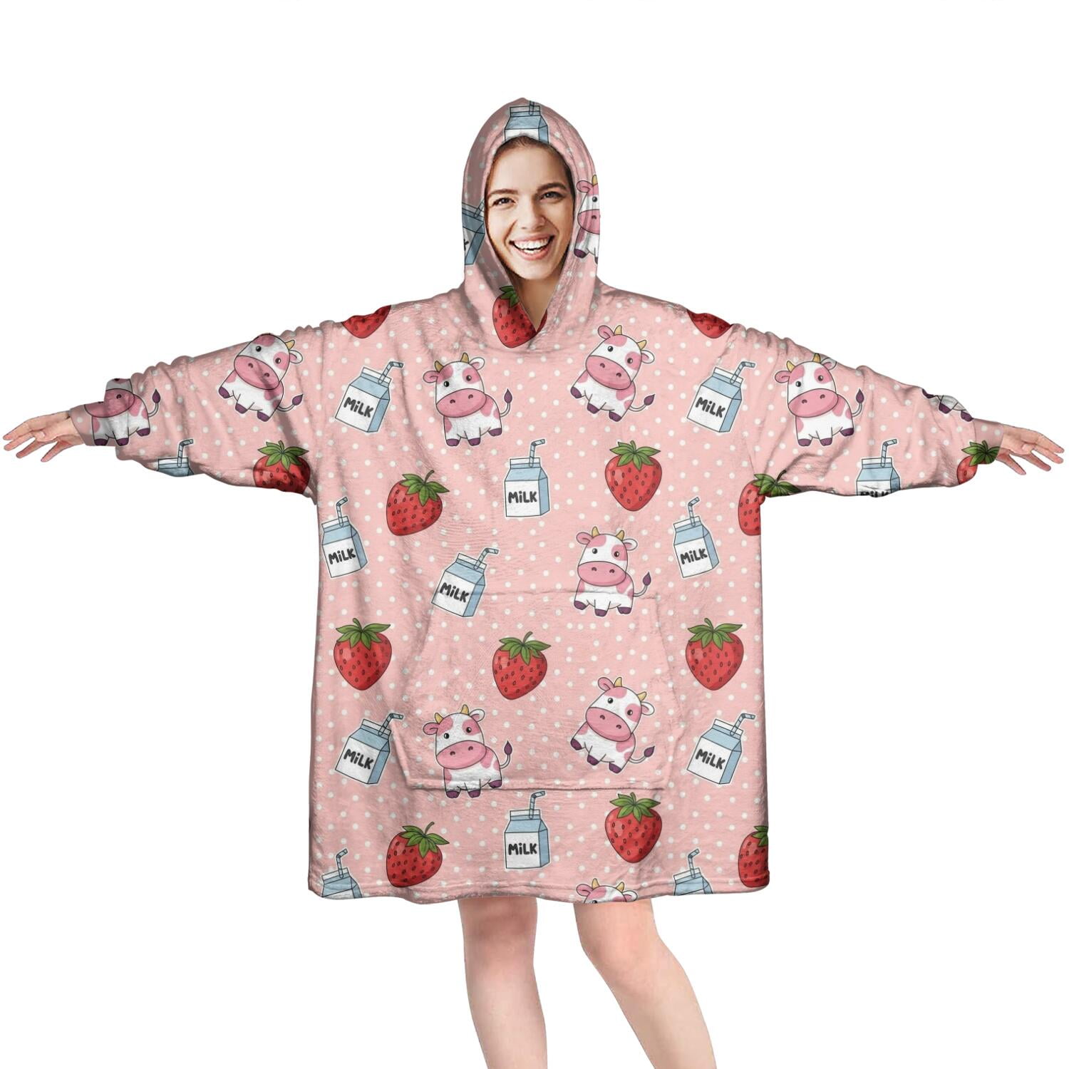 Wearable Oversized Blanket,Pink Cow Strawberry Milk Pattern Wearable Blanket Hoodie for Adults,Cozy Hooded Blankets with Super Pockets,Super Warm Fuzzy Pullover for Women & Men