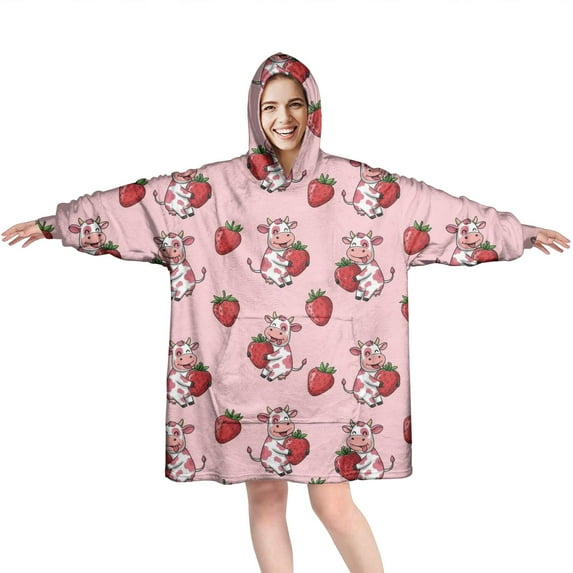 Wearable Oversized Blanket,Pink Cow Strawberry Pattern Wearable Blanket Hoodie for Adults,Cozy Hooded Blankets with Super Pockets,Super Warm Fuzzy Pullover for Women & Men