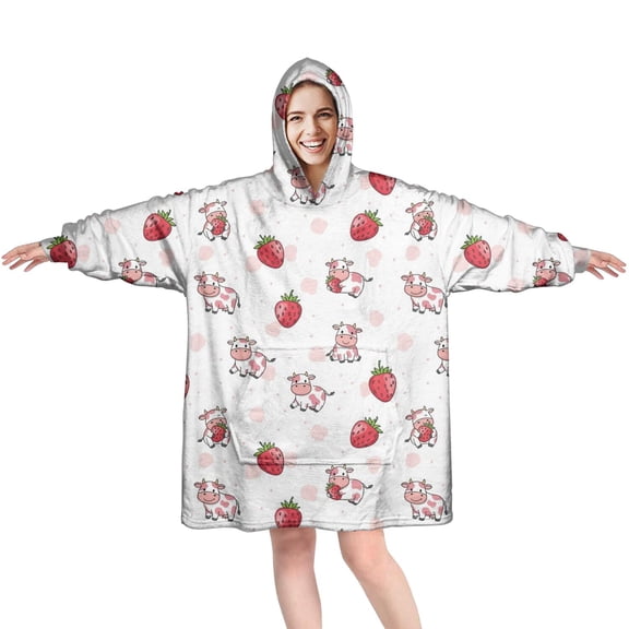 Wearable Oversized Blanket,Pink Cow Strawberry Pattern Wearable Blanket Hoodie for Adults,Cozy Hooded Blankets with Super Pockets,Super Warm Fuzzy Pullover for Women & Men