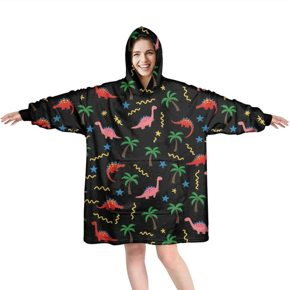 Wearable Oversized Blanket,Pink Dinosaurs Cosmic Stars Wearable Blanket Hoodie for Adults,Cozy Hooded Blankets with Super Pockets,Super Warm Fuzzy Pullover for Women & Men
