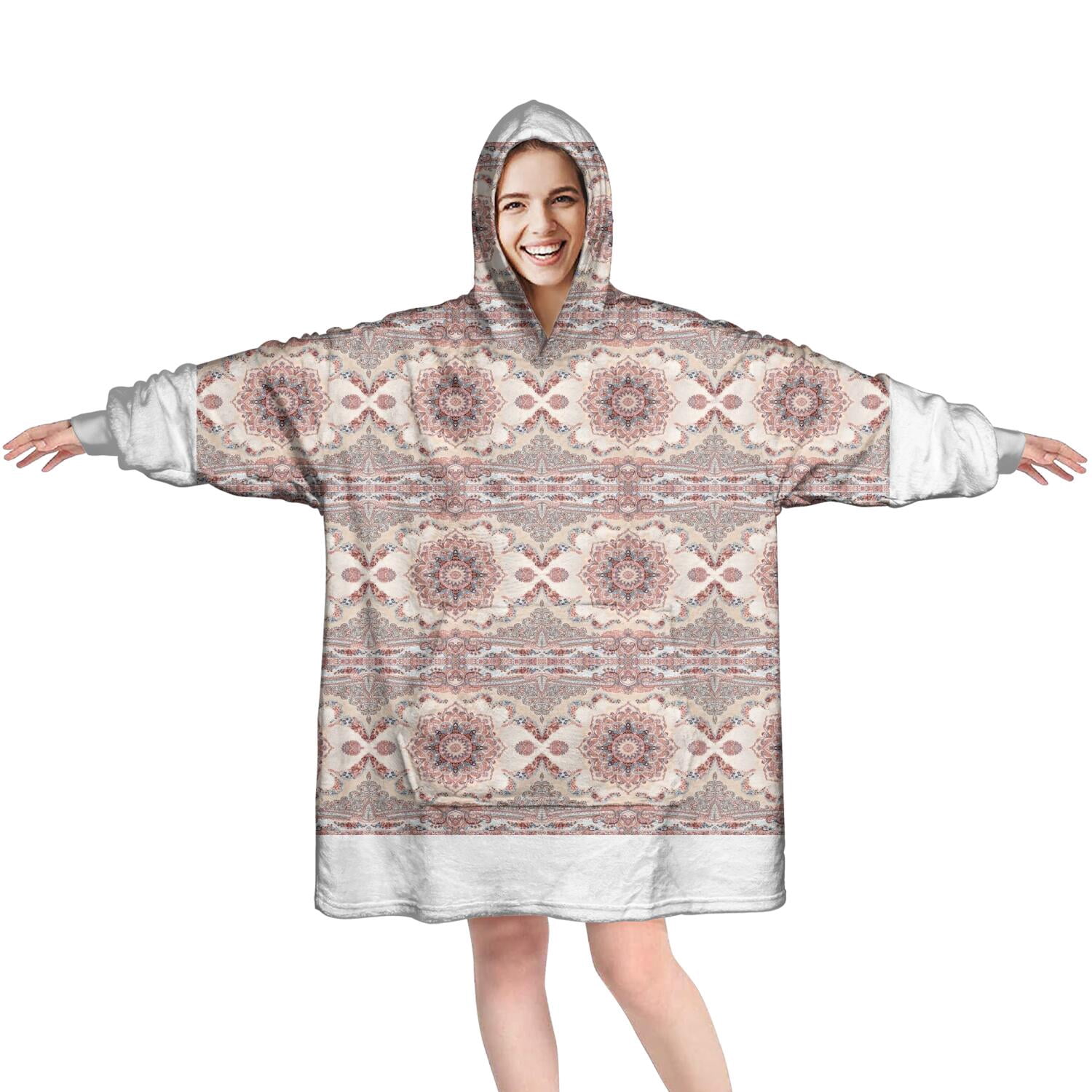 Wearable Oversized Blanket,Pink Ethnic Floral and Paisley Pattern Wearable Blanket Hoodie for Adults,Cozy Hooded Blankets with Super Pockets,Super Warm Fuzzy Pullover for Women & Men