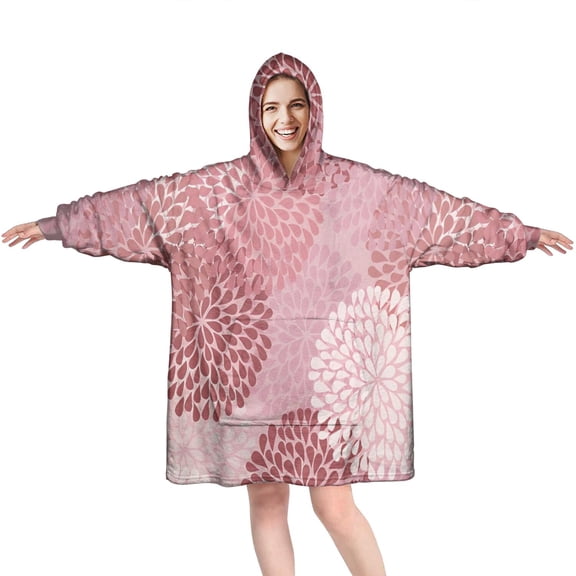 Wearable Oversized Blanket,Pink Floral Pattern Wearable Blanket Hoodie for Adults,Cozy Hooded Blankets with Super Pockets,Super Warm Fuzzy Pullover for Women & Men