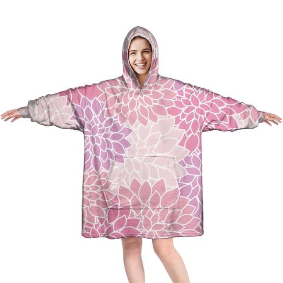 Wearable Oversized Blanket,Pink Floral and Petal Pattern Wearable Blanket Hoodie for Adults,Cozy Hooded Blankets with Super Pockets,Super Warm Fuzzy Pullover for Women & Men
