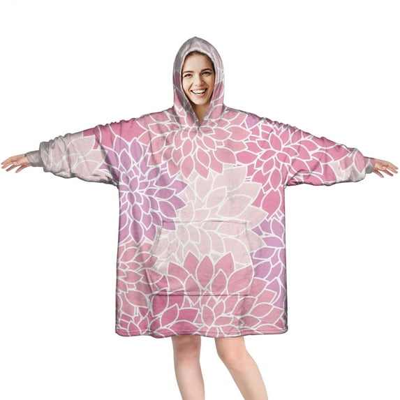 Wearable Oversized Blanket,Pink Floral and Petal Pattern Wearable Blanket Hoodie for Adults,Cozy Hooded Blankets with Super Pockets,Super Warm Fuzzy Pullover for Women & Men