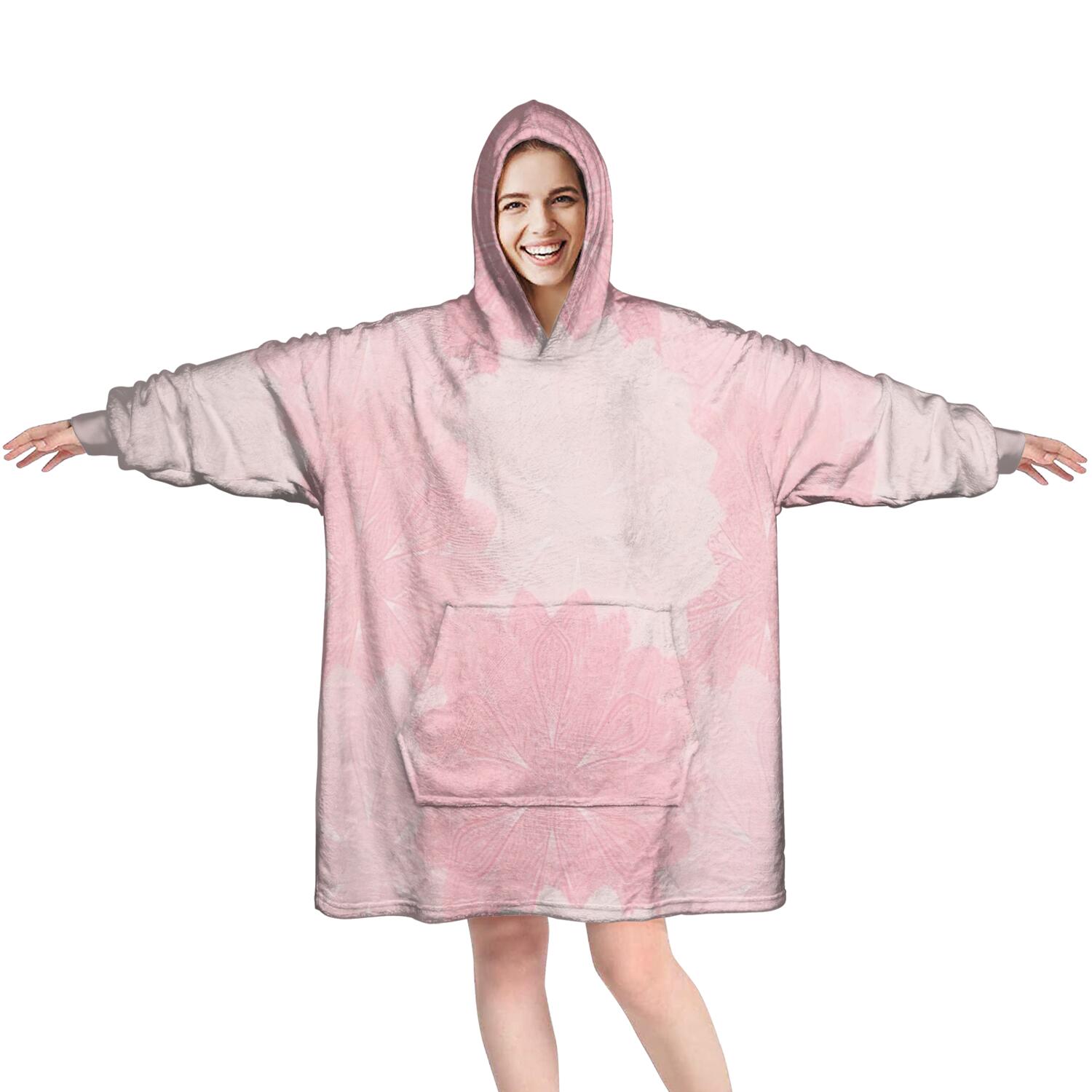 Wearable Oversized Blanket,Pink Floral and Petal Pattern Wearable Blanket Hoodie for Adults,Cozy Hooded Blankets with Super Pockets,Super Warm Fuzzy Pullover for Women & Men