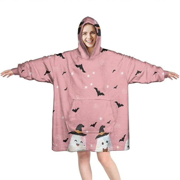Wearable Oversized Blanket,Pink Ghost Bat Halloween Pattern Wearable Blanket Hoodie for Adults,Cozy Hooded Blankets with Super Pockets,Super Warm Fuzzy Pullover for Women & Men