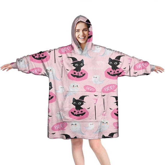 Wearable Oversized Blanket,Pink Halloween Black Cats Ghosts and Pumpkins Wearable Blanket Hoodie for Adults,Cozy Hooded Blankets with Super Pockets,Super Warm Fuzzy Pullover for Women & Men