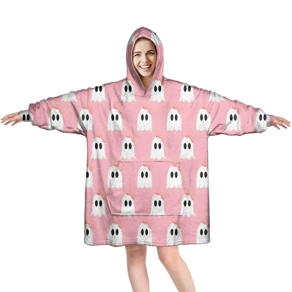 Wearable Oversized Blanket,Pink Halloween Ghosts with Bows Wearable Blanket Hoodie for Adults,Cozy Hooded Blankets with Super Pockets,Super Warm Fuzzy Pullover for Women & Men