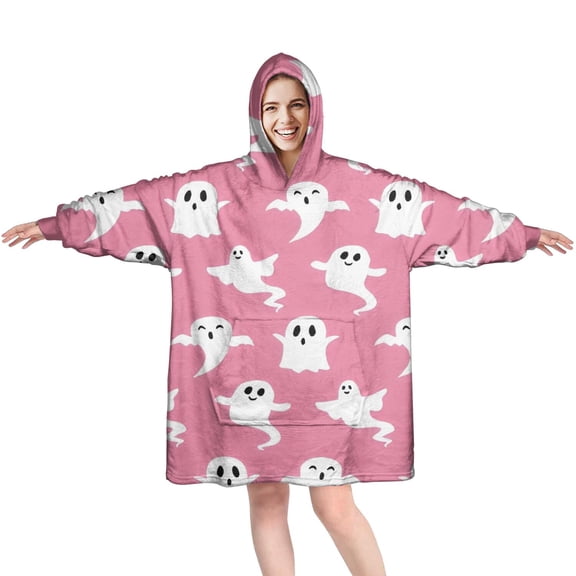 Wearable Oversized Blanket,Pink Halloween Ghosts Wearable Blanket Hoodie for Adults,Cozy Hooded Blankets with Super Pockets,Super Warm Fuzzy Pullover for Women & Men