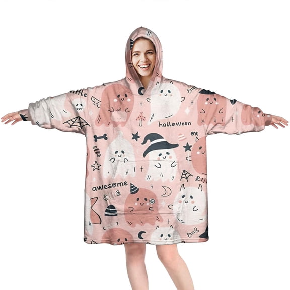 Wearable Oversized Blanket,Pink Hued Cute Halloween Ghosts Pattern Wearable Blanket Hoodie for Adults,Cozy Hooded Blankets with Super Pockets,Super Warm Fuzzy Pullover for Women & Men