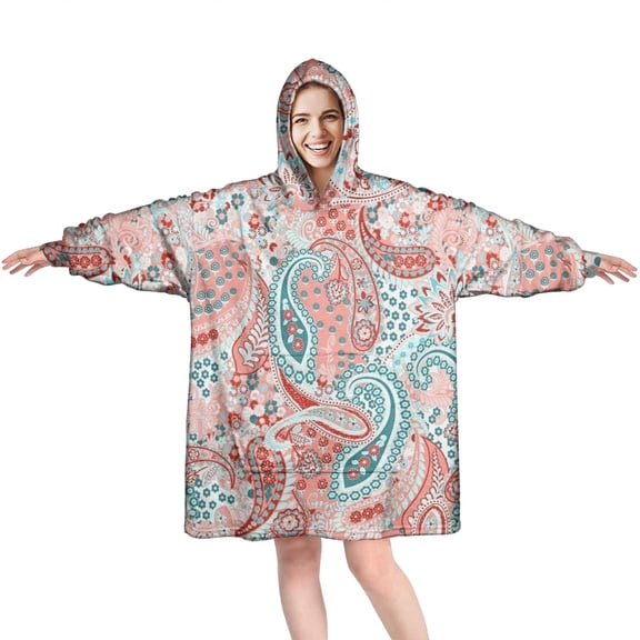 Wearable Oversized Blanket,Pink Paisley and Floral Pattern Wearable Blanket Hoodie for Adults,Cozy Hooded Blankets with Super Pockets,Super Warm Fuzzy Pullover for Women & Men