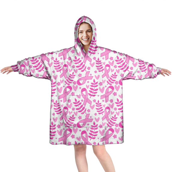Wearable Oversized Blanket,Pink Ribbon Breast Cancer Pattern Wearable Blanket Hoodie for Adults,Cozy Hooded Blankets with Super Pockets,Super Warm Fuzzy Pullover for Women & Men