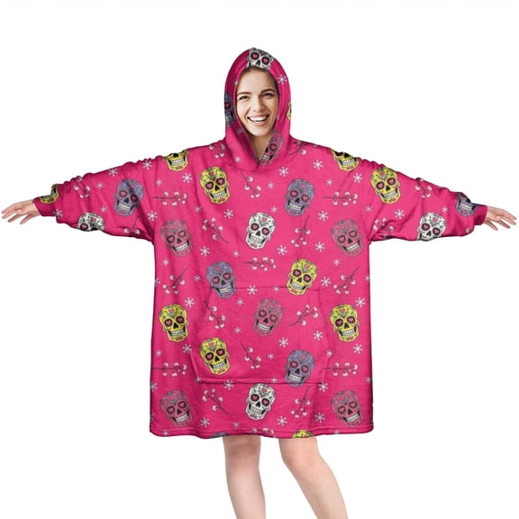 Wearable Oversized Blanket,Pink Skull Snowflake Pattern Wearable Blanket Hoodie for Adults,Cozy Hooded Blankets with Super Pockets,Super Warm Fuzzy Pullover for Women & Men