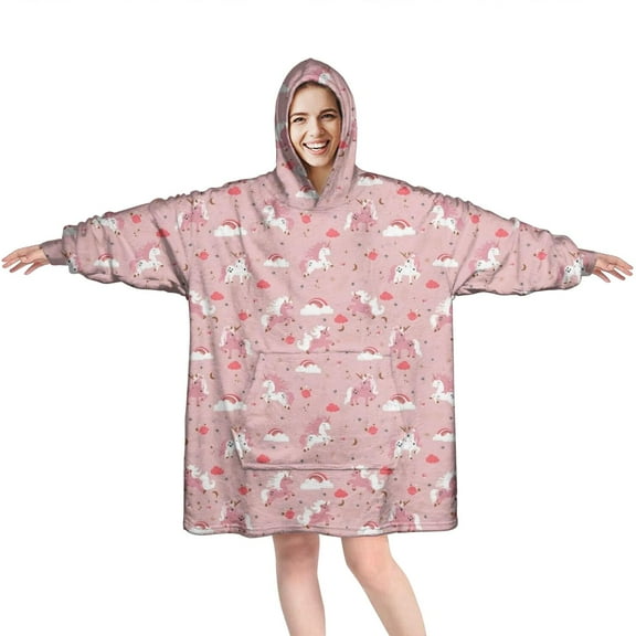 Wearable Oversized Blanket,Pink Unicorn Cloud Heart Pattern Wearable Blanket Hoodie for Adults,Cozy Hooded Blankets with Super Pockets,Super Warm Fuzzy Pullover for Women & Men