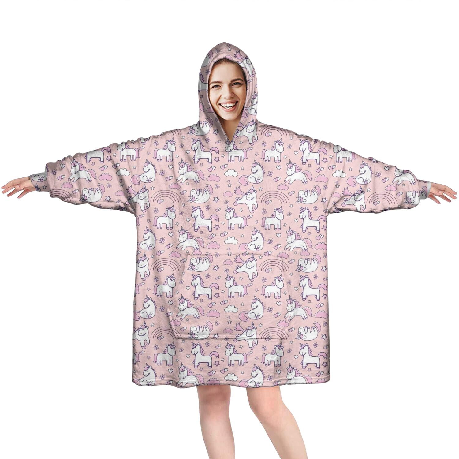 Wearable Oversized Blanket,Pink Unicorn Doodle Pattern Wearable Blanket Hoodie for Adults,Cozy Hooded Blankets with Super Pockets,Super Warm Fuzzy Pullover for Women & Men