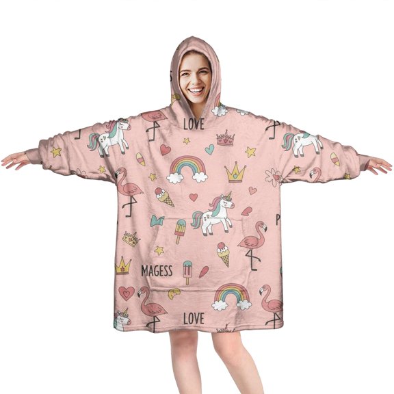 Wearable Oversized Blanket,Pink Unicorn Flamingo Pattern Wearable Blanket Hoodie for Adults,Cozy Hooded Blankets with Super Pockets,Super Warm Fuzzy Pullover for Women & Men