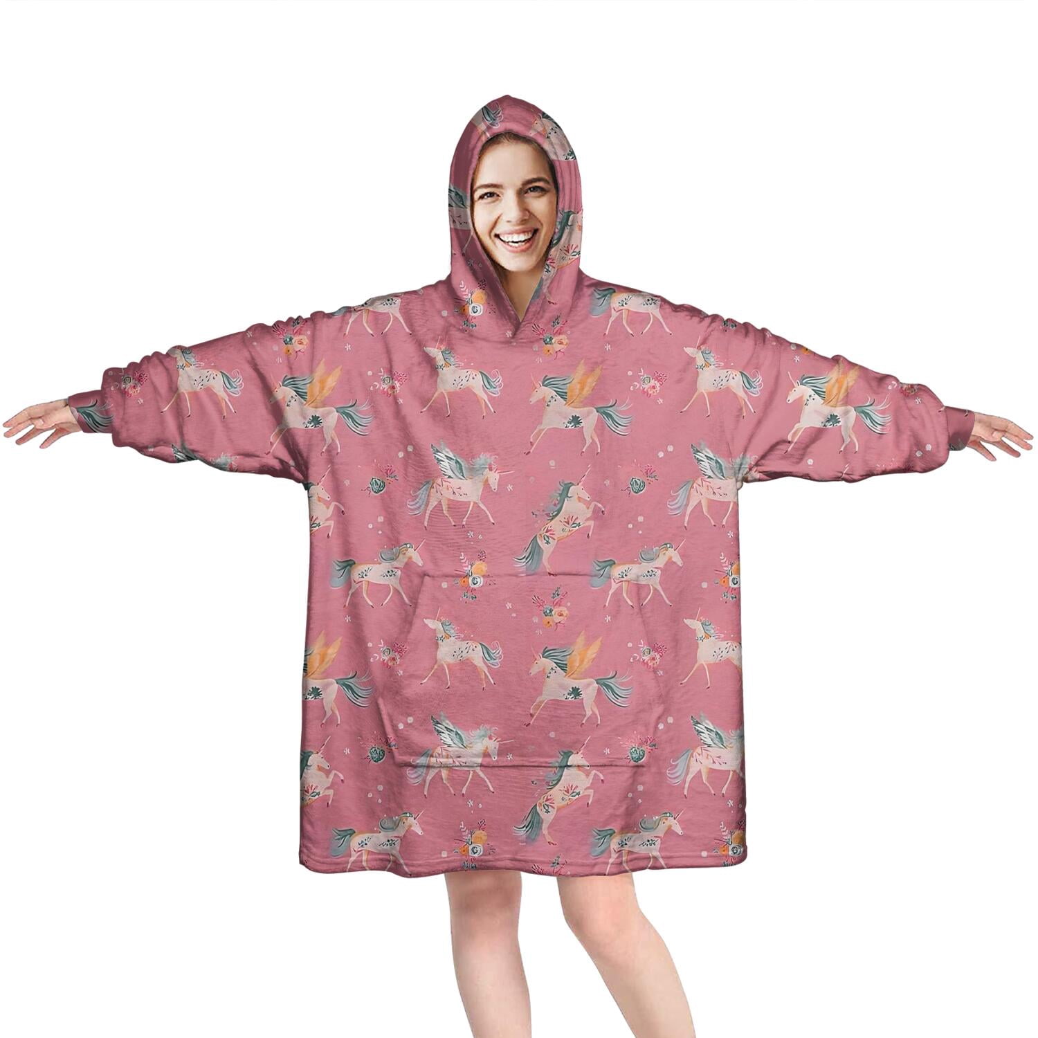 Wearable Oversized Blanket,Pink Unicorn Floral Pattern Wearable Blanket Hoodie for Adults,Cozy Hooded Blankets with Super Pockets,Super Warm Fuzzy Pullover for Women & Men
